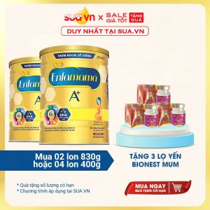 Bộ 2 Sữa Enfamama A+ vani 830g tặng 3 lọ yến Bionest mum