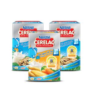 Bộ 3 gồm 2 hộp ăn dặm Nestle Cerelac cá & rau xanh và 1 hộp gà hầm cà rốt