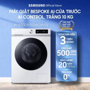 Máy giặt Samsung 10kg WW10DB7U34GWSV Bespoke AI™ – Giặt hơi nước Hygiene Steam, Màu Trắng